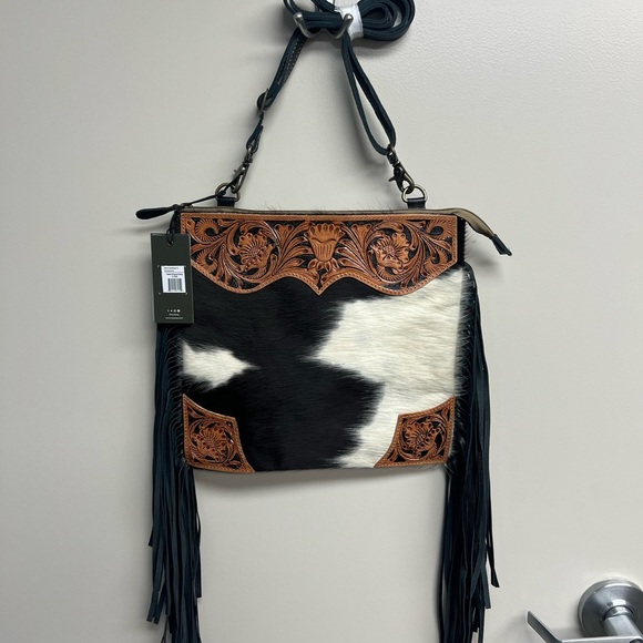 Myra Bag Handbags - Myra Bag Black, White & Tan Cowhide Tooled Fringe Crossbody
